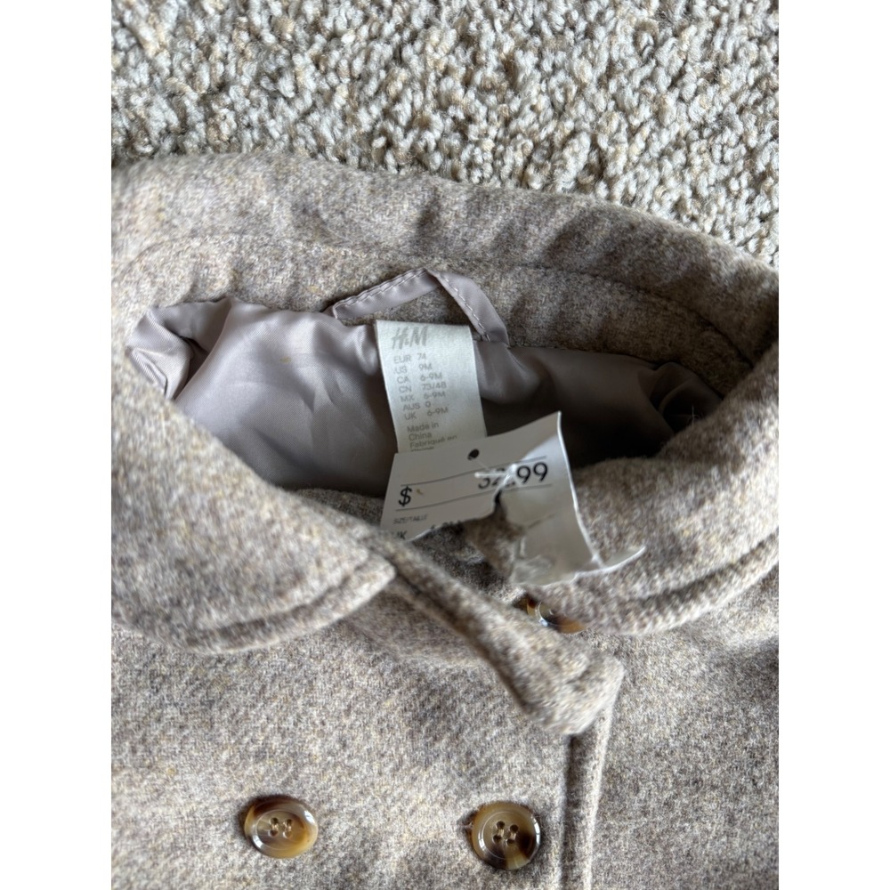 H&M Baby girl Pea Coat Wool Blend Double Breasted Jacket Beige 9 months NEW - Picture 3 of 8